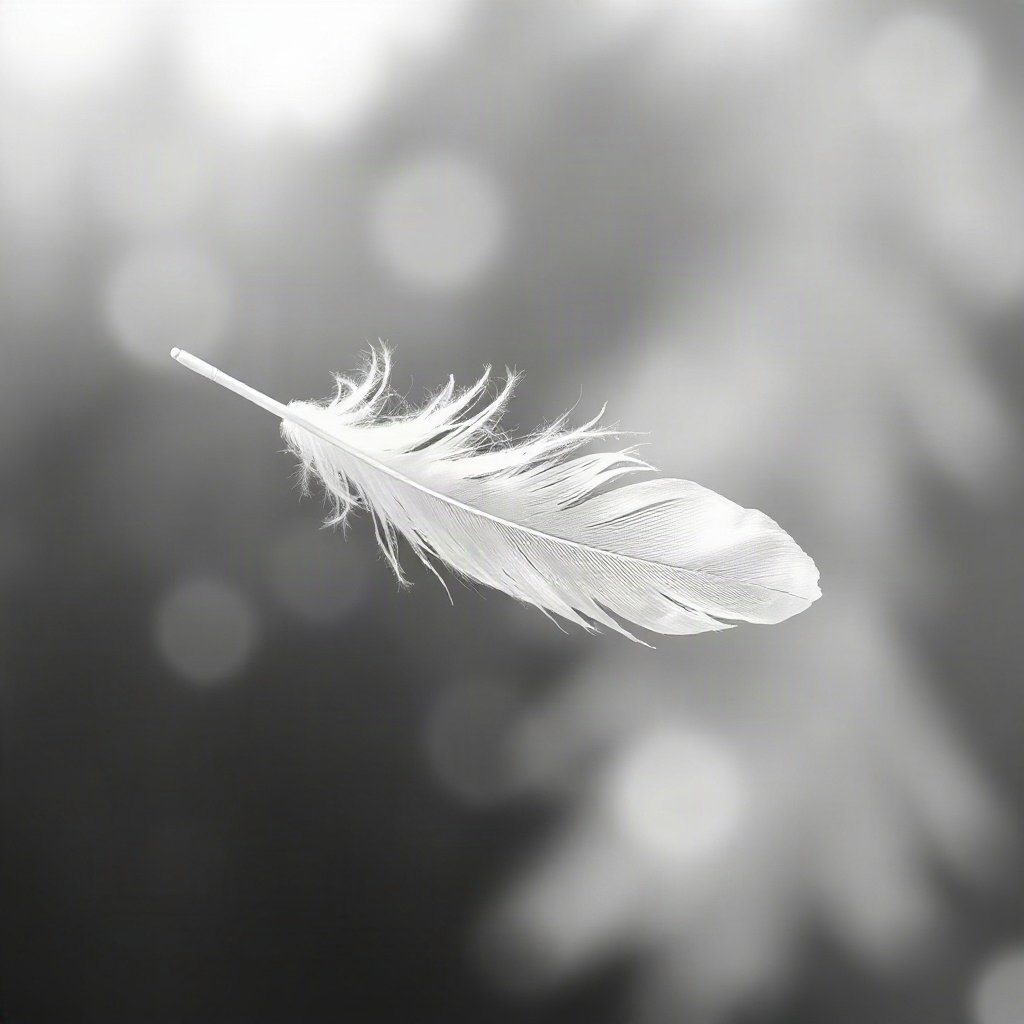 White PFPs — feather floating, dreamy digital painting, gentle bokeh