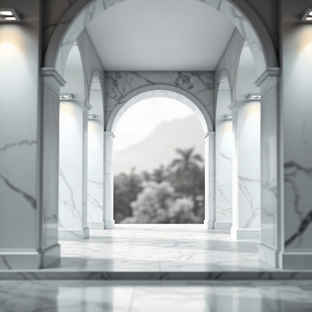 White PFPs — minimal marble arch, cinematic photo style, gentle bokeh