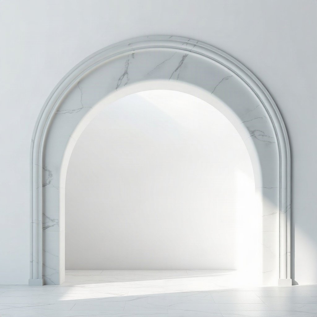 White PFPs — minimal marble arch, soft 3d render, misty atmosphere