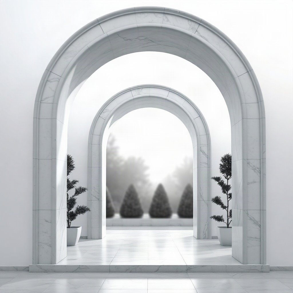 White PFPs — minimal marble arch, cinematic photo style, gentle bokeh