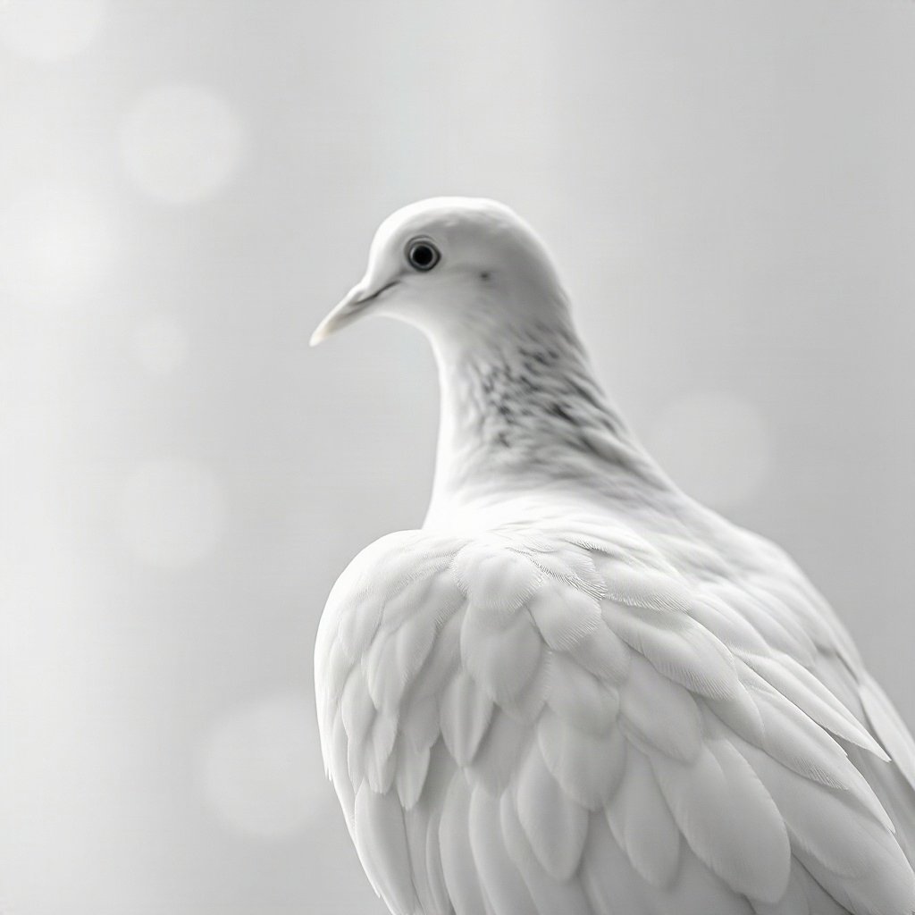White PFPs — dove wing detail, cinematic photo style, gentle bokeh